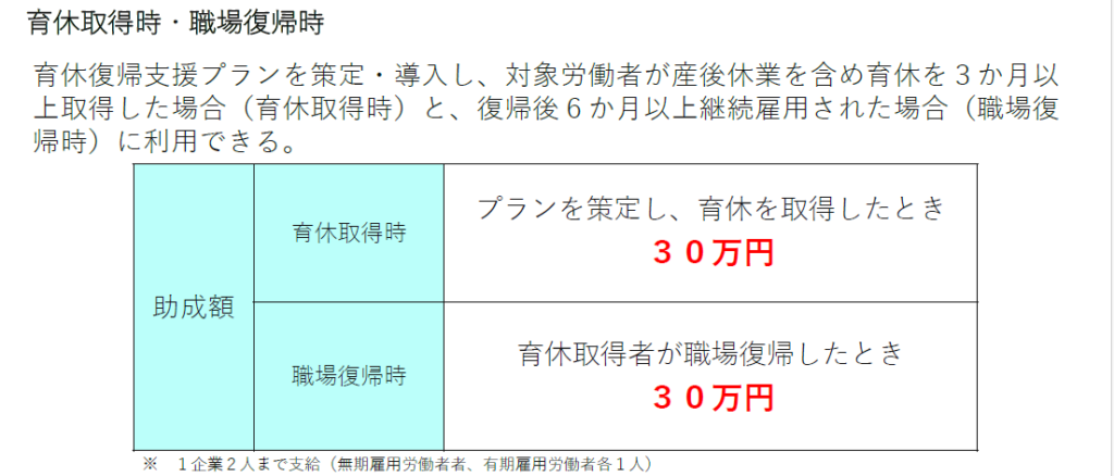 育児休業等支援コース
育児取得時・職場復帰時
育休復帰支援プランを策定・導入し、対象労働者が産後休業を含め育休を３か月以上取得した場合（育休取得時）と、復帰後６か月以上継続雇用された場合（職場復帰時）に利用できる。